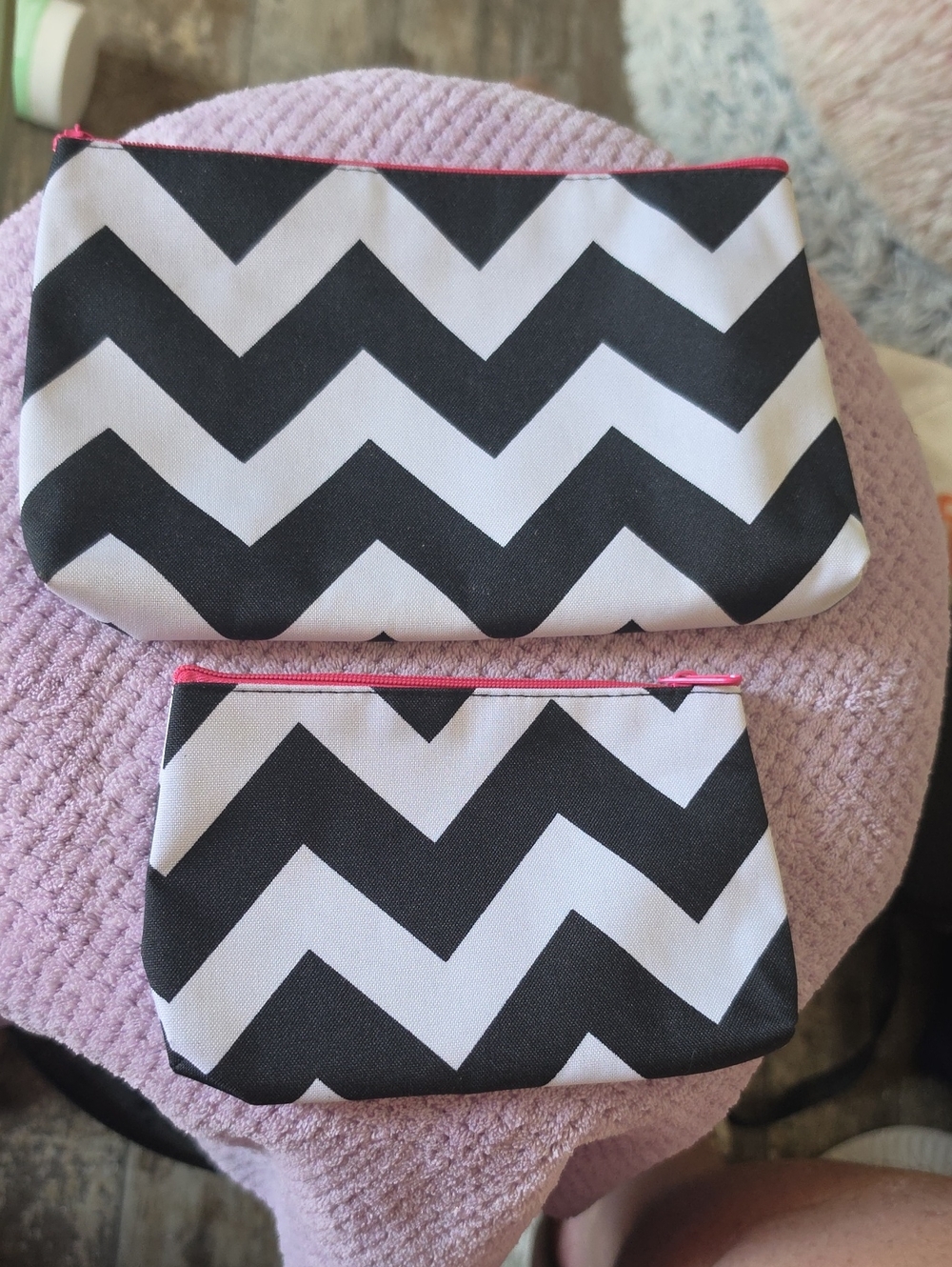 Set of 2 Black & White Chevron Zip Pouches with Pink Zippers